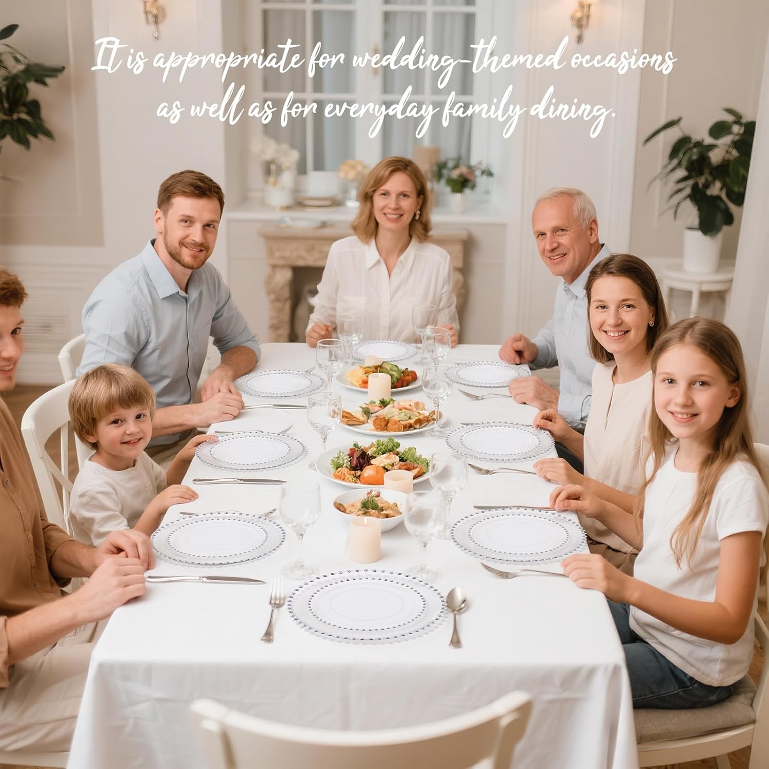 supernal 100PCS Clear Plastic Plates, Clear Plates with Silver Trim, Elegant Plastic Plate Include 50 Dinner Plate 10'' and 50 Dessert Appetizer Platos 7'' for Party, Wedding, Bridal Baptism - Image 5