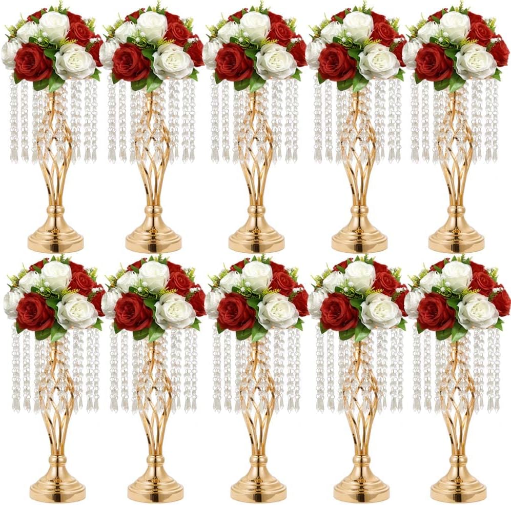 10pcs 16.14Inch Wedding Gold Flower Centerpieces Crystal Metal Flower Vase Wedding Centerpieces for Tables Decorations (16.14 Inch)