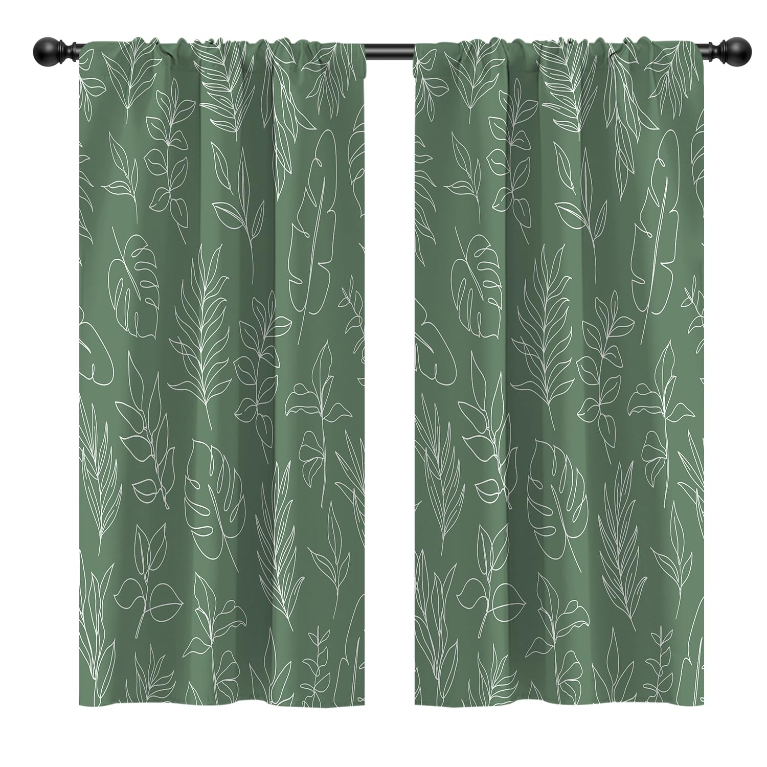 EOVDSFW Green Floral Window Curtains Rod Pocket Botanical Leaf Tropical Plant Sage Abstract Vintage Retro Boho Farmhouse Rustic Cute Drapes 2 Panels for Living Bedroom Decoration Decor 42X63 inch