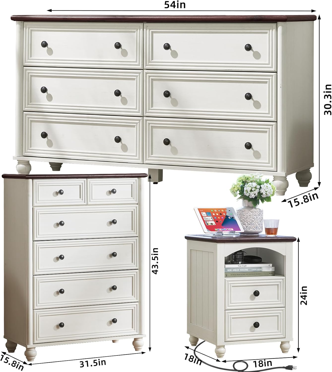 Farmhouse Dressers & Night Stand Set of 4, Wood 54" Wide Dresser & 43.5"Tall Chest of Drawers, 18" with Charging Station Nightstand Set of 2, Bedroom Furniture Dresser Set for Home Living Room Hallway
