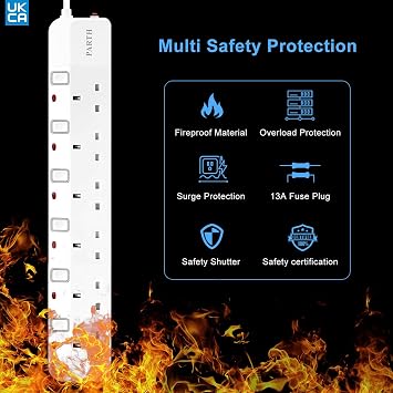 PARTH Surge Protected Extension Lead 3m Cable - 6 Way Surge Protection Multi Plug Extension with Individual Switches - UK Sockets Wall Mounted Power Strip 13A/3250W for Home, Motorhome, Travel, Office