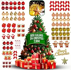 Árvore Natal Decorada 2,10m 600 Galhos 114 Kit Completo Enfeites Pisca Pisca(Arvore Decorada 2,10M)