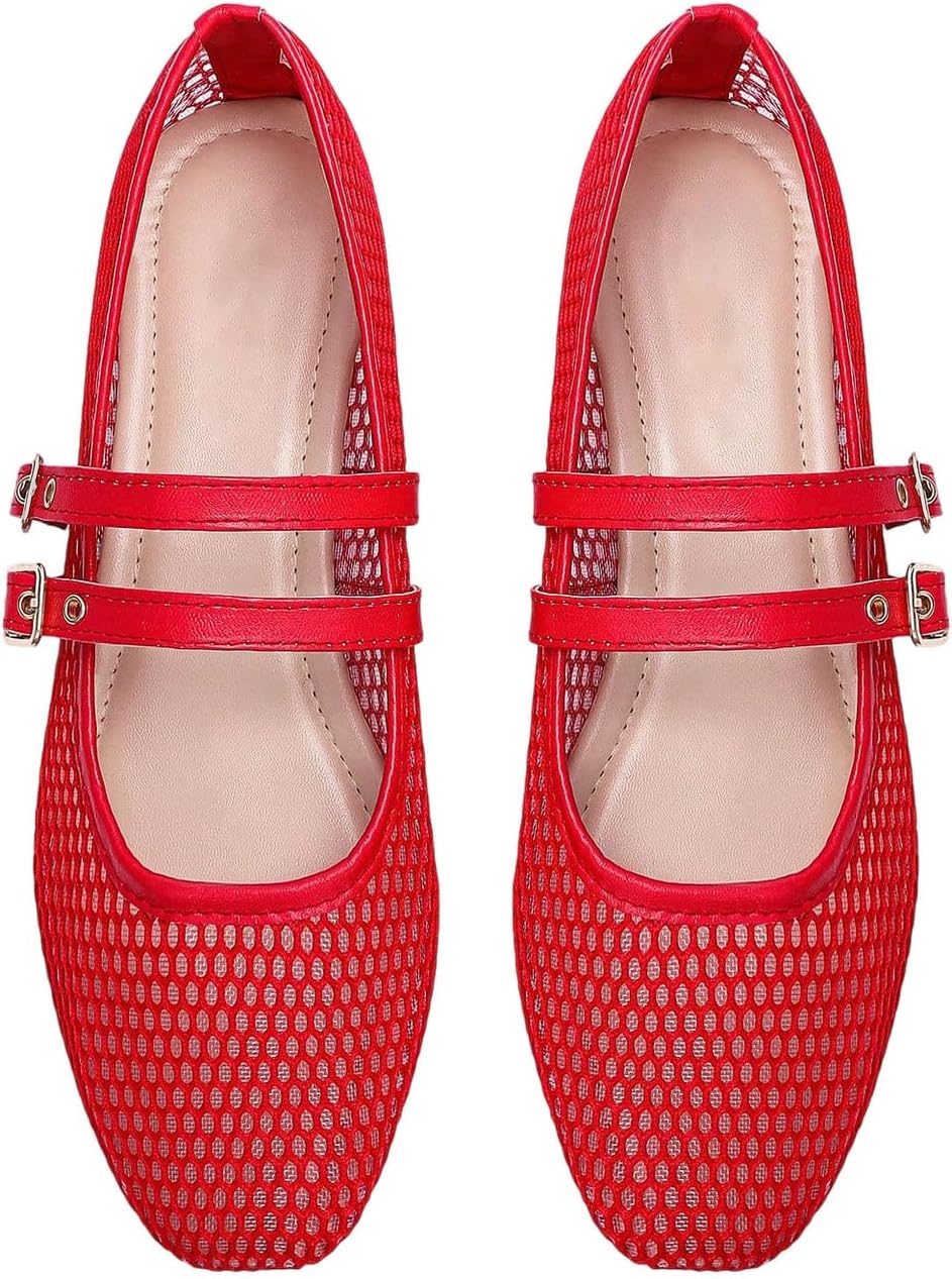 Milumia Women's Fishnet Mesh Ballet Flats Comfortable Dressy Closed Toe Ballerina Shoes with Buckle Strap