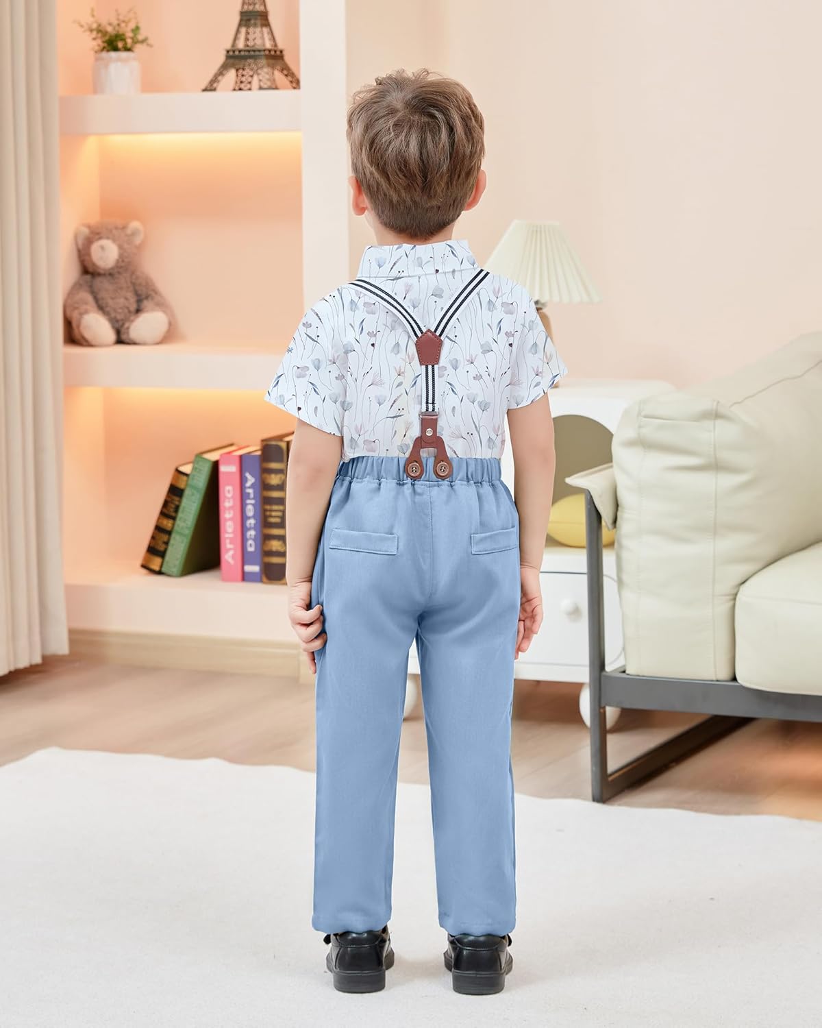 ZOEREA Boys Clothes Formal Suit Gentleman Wedding Outfit Short Sleeve Shirt with Bow Tie and Suspender Pants 2-10 Years - Image 3