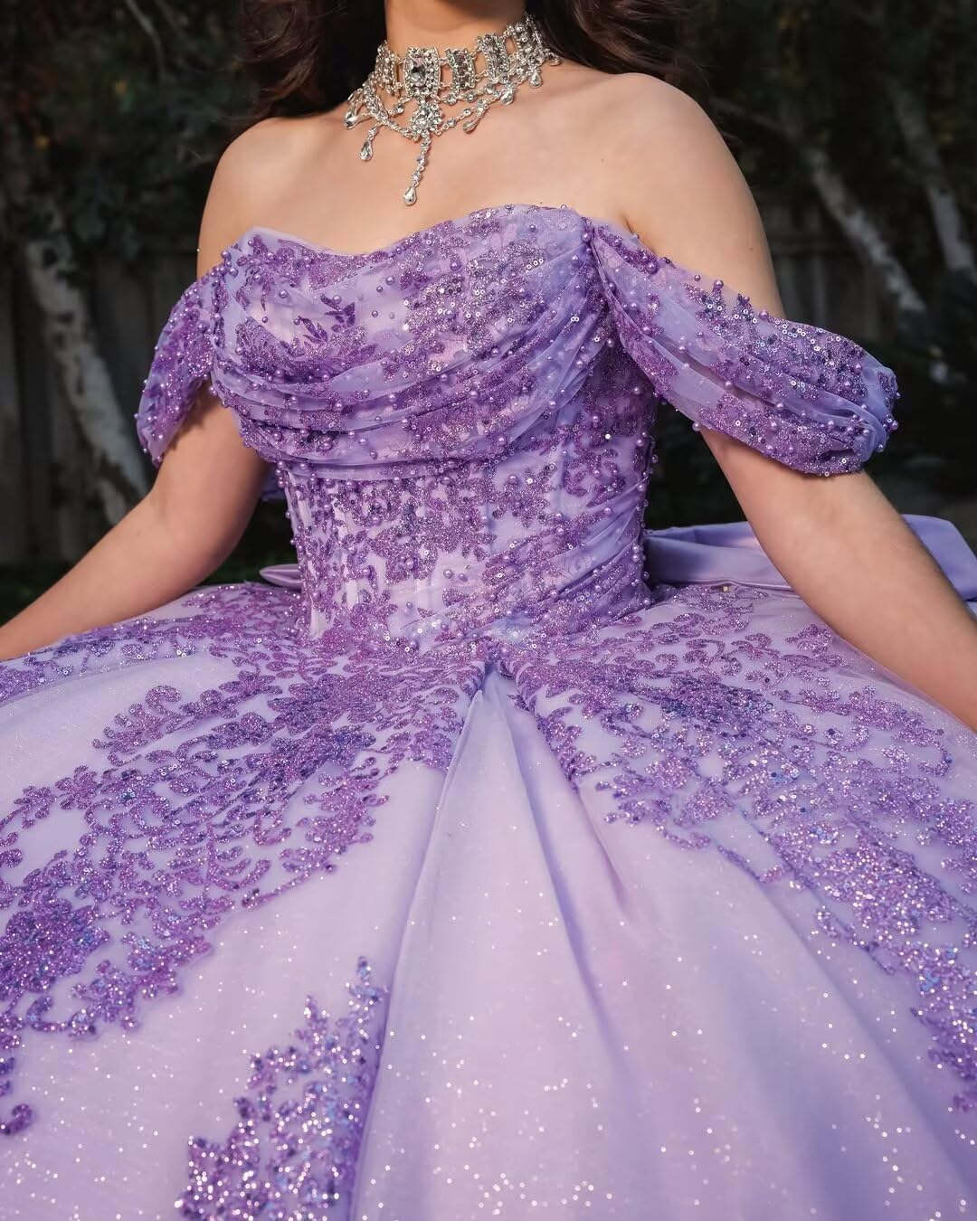 Mauuwy Sparkly Beaded Quinceanera Dresses Puffy Lace Glitter Applique 15 Dresses Off Shoulder XV Ball Gowns with Bow - Image 2