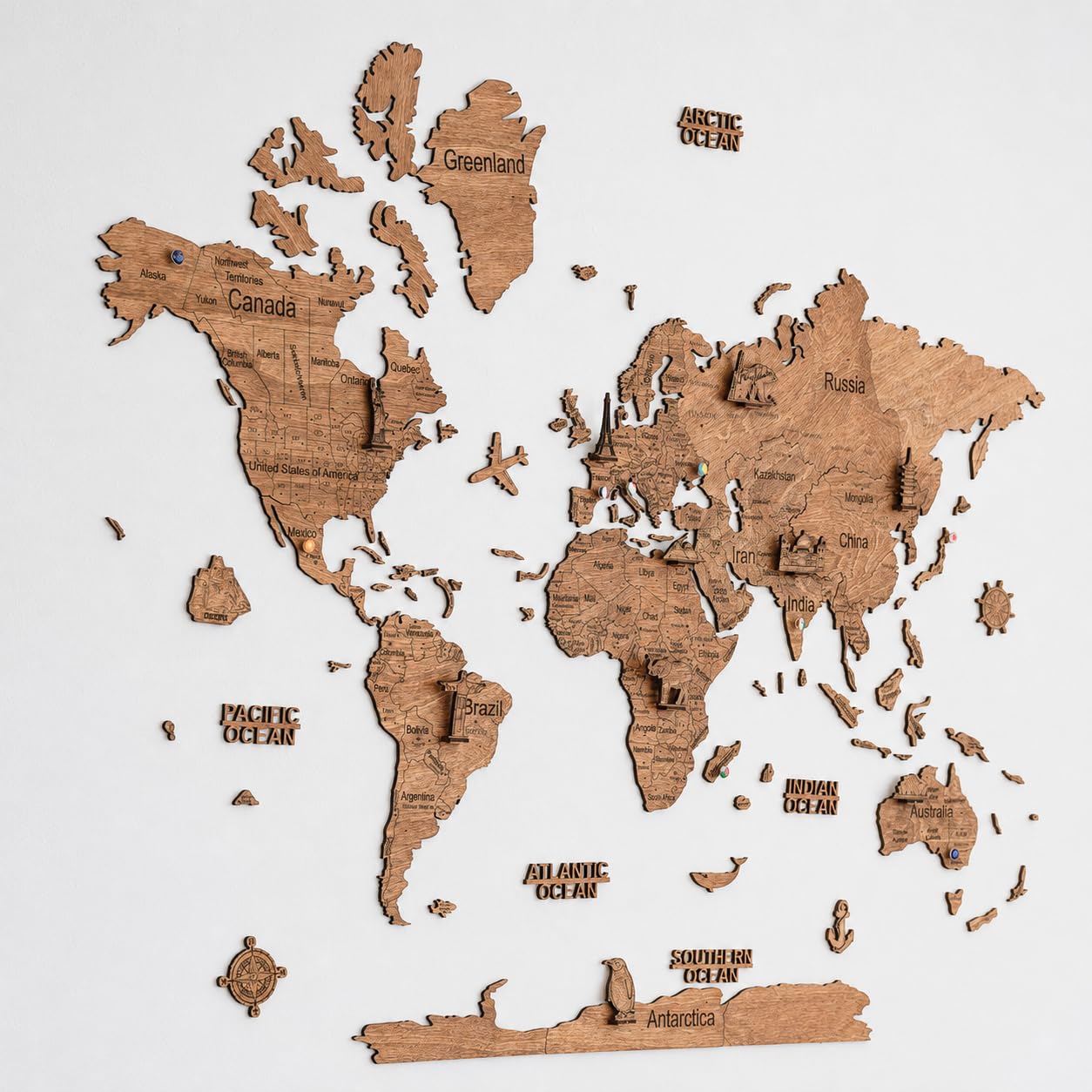 Creatifwood Mapa de Madera 2D para Pared – Mapamundi Decorativo | Planisferio de Pared | Decoración para Salón, Oficina o Dormitorio | Regalo para Viajeros (Dark, 80L x 55l cm)