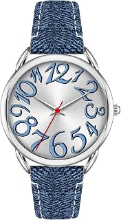 Women Watch Big Arabic Numbers Dial Easy to Read Denim Leather Strap Watch