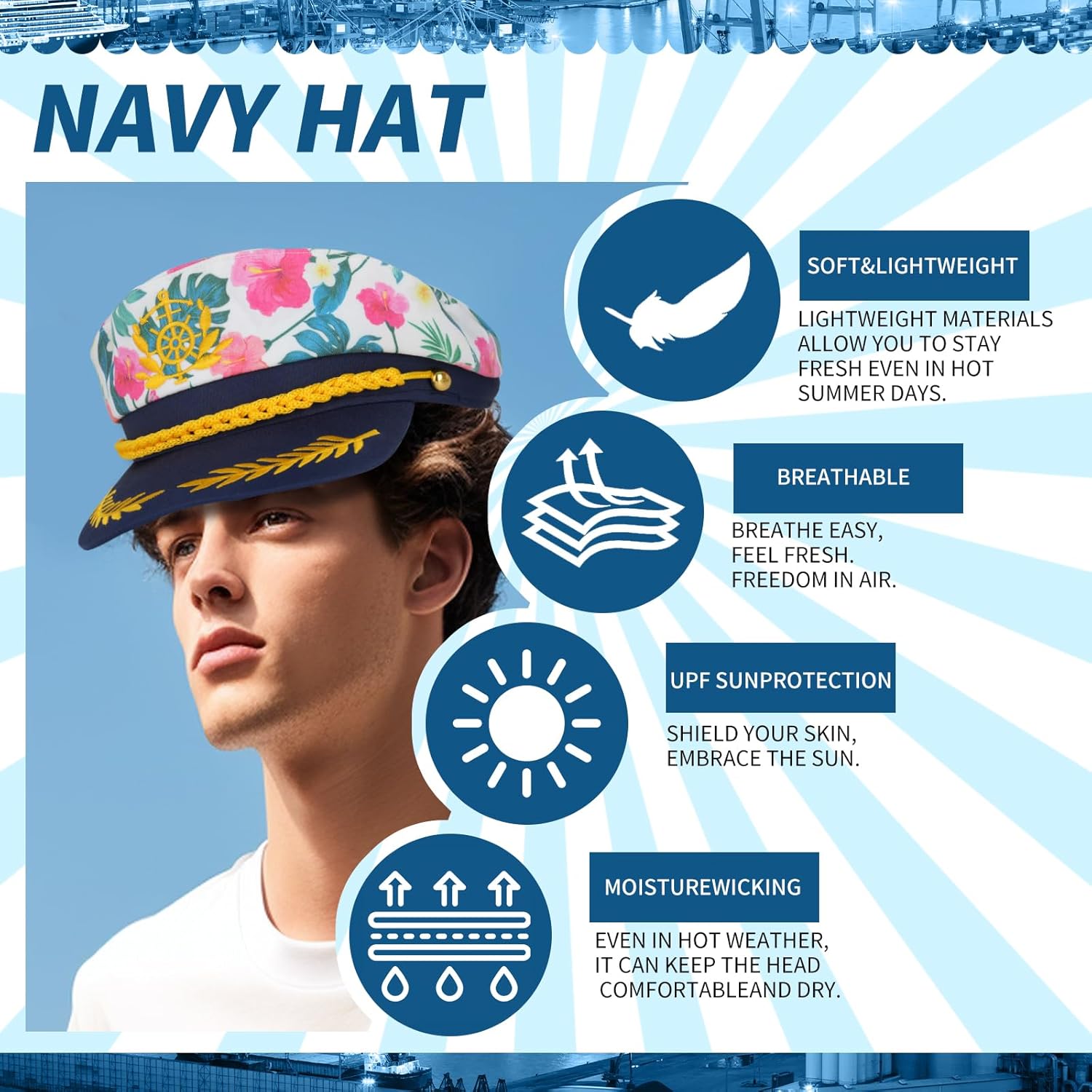 Captain Yacht Hat, Adjustable for Women Men, Navy Marine Admiral Costumes Accessory - Image 7