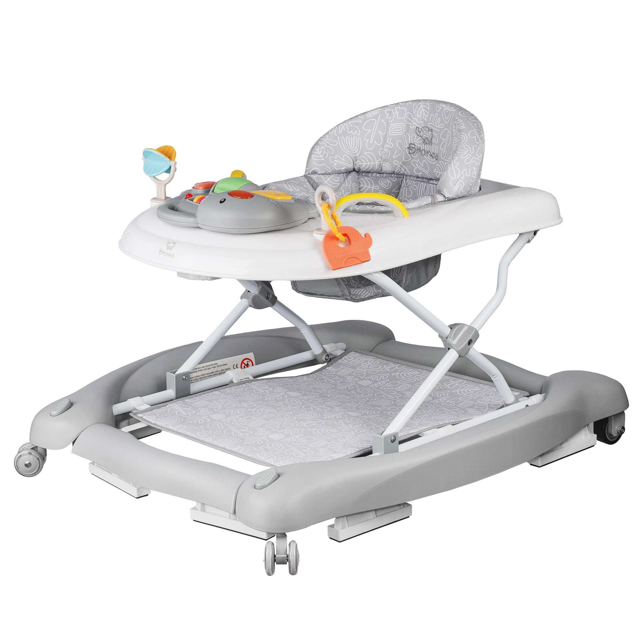 BRONEA 5-in-1 Lauflernhilfe Babywalker | Gehfrei mit Schaukelfunktion, Musik & Licht | Laufhilfe für Baby ab 6 Monate | Höhenverstellbar | Klappbar | Grau