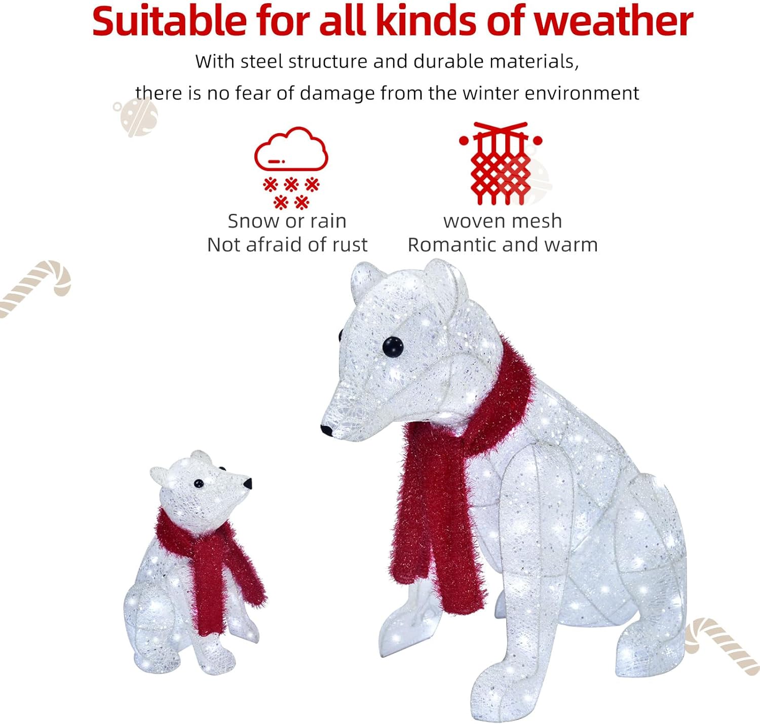 Lighted polar bear decoration in a snowy outdoor setting, with text indicating 'Suitable for all kinds of weather' and 'Snow or rain Not afraid of rust'.