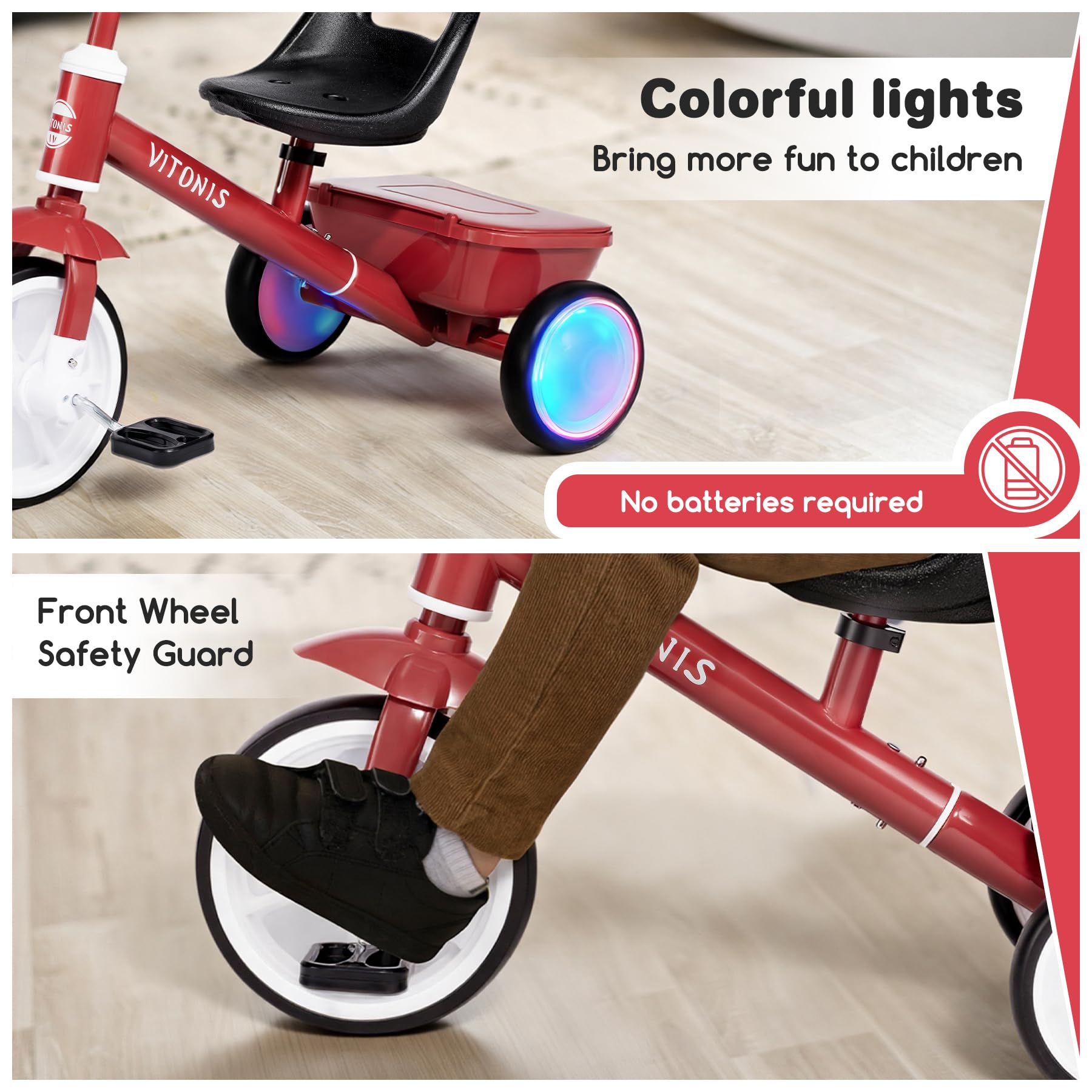 VITONIS Triciclo per bambini dai 2 anni in su, bicicletta senza pedali per bambini dai 24 mesi ai 5 anni, con due ruote illuminate a LED, regali e giocattoli per bambini e bambine, rosso