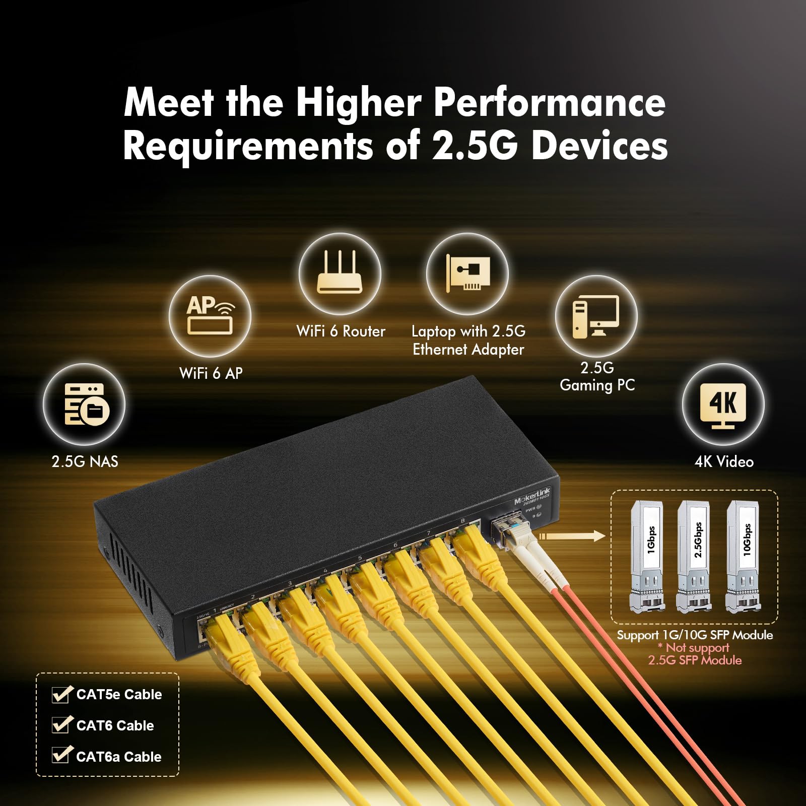 MokerLink Switch Ethernet 8 porte 2.5G con 10G SFP, 8 porte Base-T 2.5G compatibili con 10/100/1000Mbps, commutatore di rete senza ventola in metallo