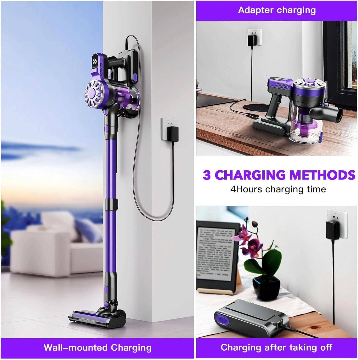 Cordless Vacuum Cleaner for Home,Lightweight Stick Vacuum Cordless Rechargeable with Power Suction, Up to 35 Mins Runtime, Hardwood Floor Vacuum for Pet Hair,Carpets,Tile(Purple Blue)