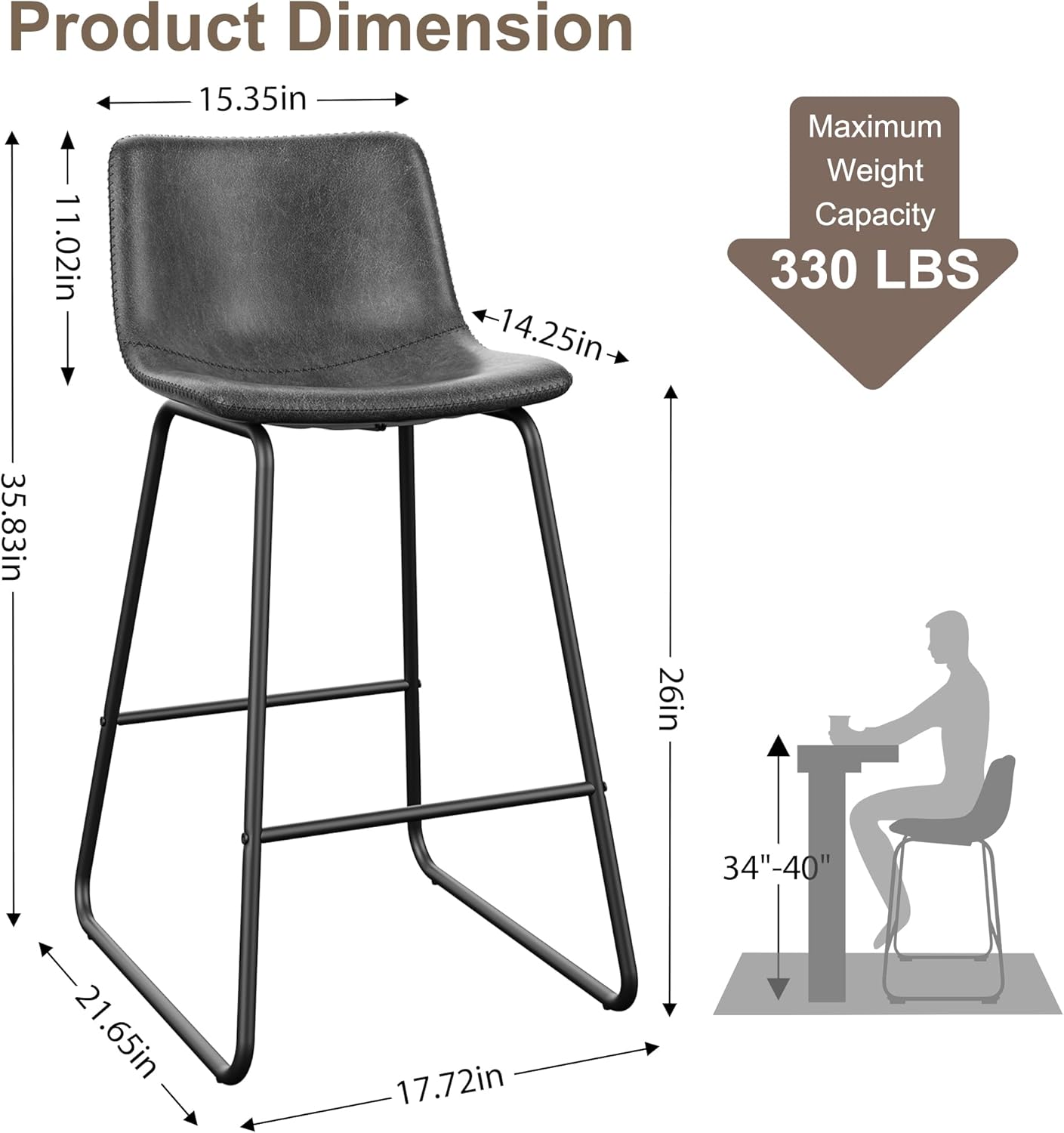REONEY Bar Stools Set of 3, 26" PU Leather Counter Height Bar Stools, Modern Barstools with Metal Legs and Footrest, Urban Armless Counter Chairs with Backrest for Kitchen Island, Home Bar (Grey)
