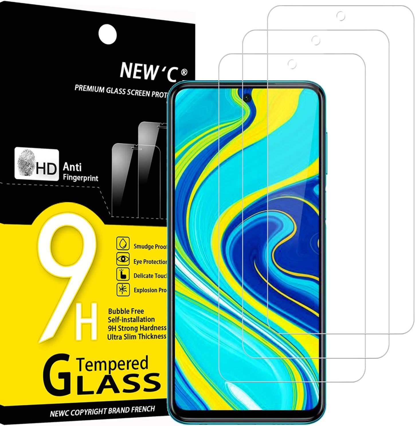 NEW'C [3 Pack] Designed for Xiaomi Redmi Note 9S, 9 Pro, 9 Pro Max Screen Protector Tempered Glass, Case Friendly Ultra Resistant