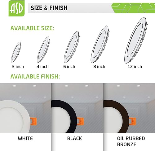 Miniatura 6 de ASD Luz LED empotrable de 12 pulgadas, 3 CCT, 3000 K, 4000 K, 5000 K, seleccionable, clasificación IC, ultra delgada, regulable con caja de
