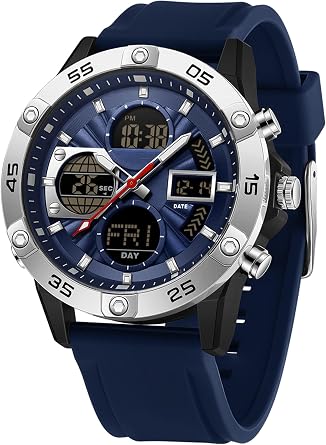 Findtime Mens Digital, Analog, Dual Display, Large Screen, Sports Watch, Military, 5 ATM Waterproof, LED Backlight, Luminous Hands, Multi-functional, Alarm/Countdown/Chronograph/Day/Date/Three Time