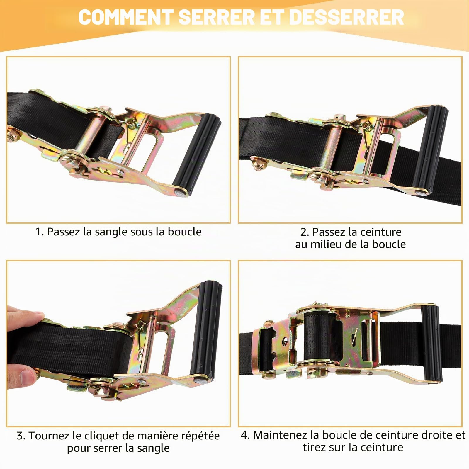 ASelected 4 Jeux de 2000 KG Sangle d'arrimage à Cliquet, 6M×38MM Sangle a Cliquet avec Crochet en Polyester, Sangles de Serrage avec Tendeur à Cliquet pour Remorque, Moto, Voiture