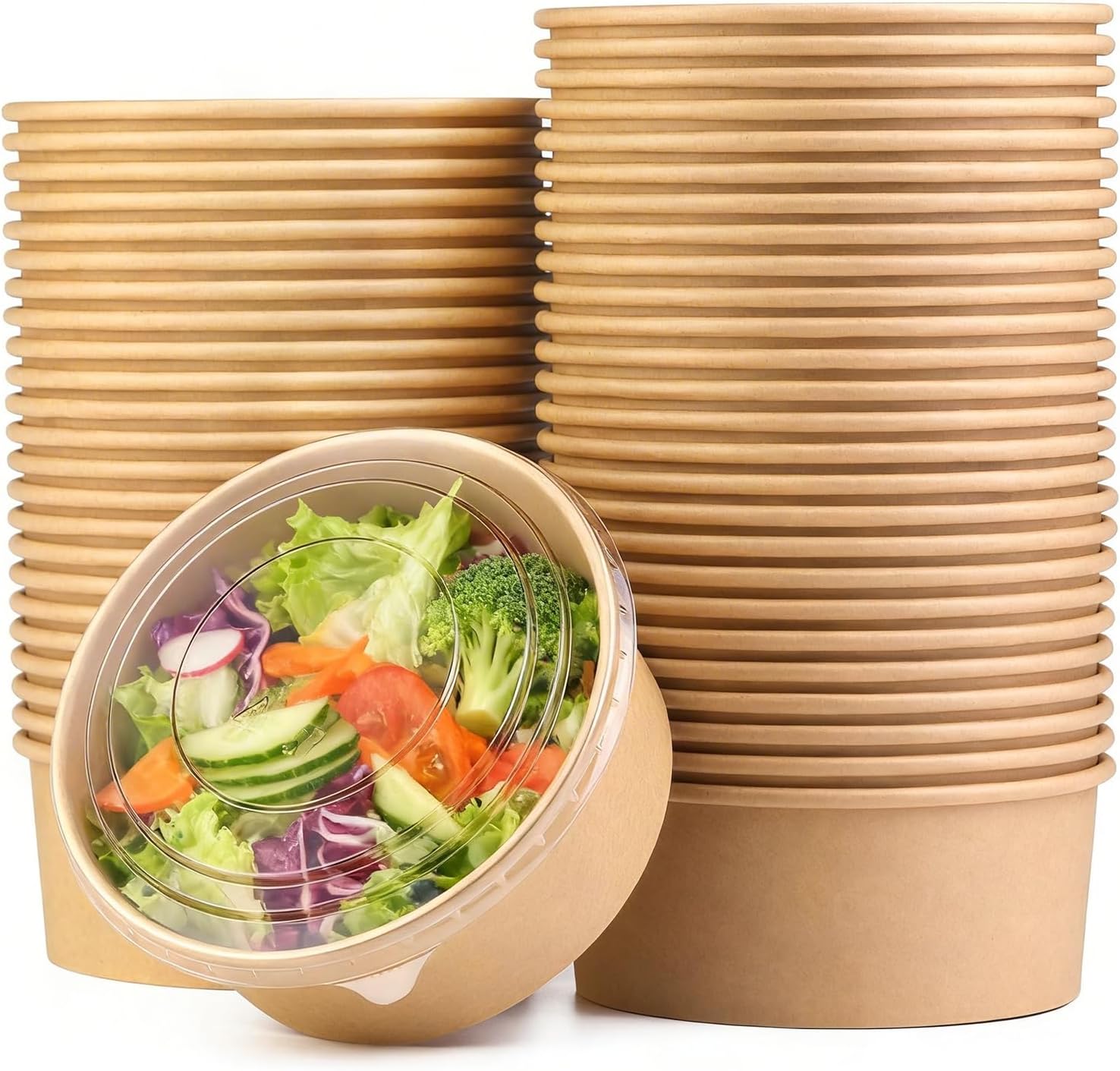 Large Kraft Bowls 37oz 50Pcs, Disposable Paper Salad Bowls with Lids, Round Paper Food Containers for Meal Prep Takeout Dinnerware