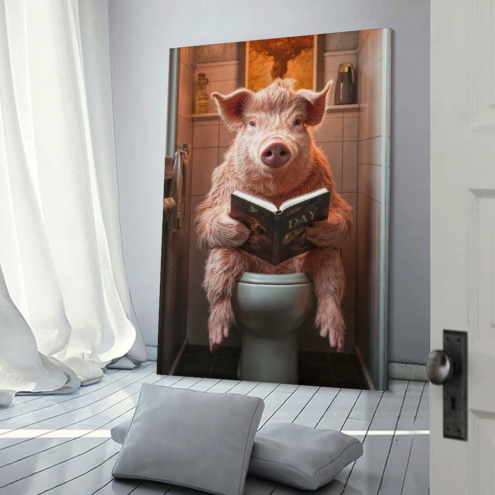 Junmoney Pig Reading on Toilet Decorative Wall Artwork, 24x36inch(60x90cm), for Home Lounge, Bedroom Or Reading Nook, Easy Decor for Gallery Walls