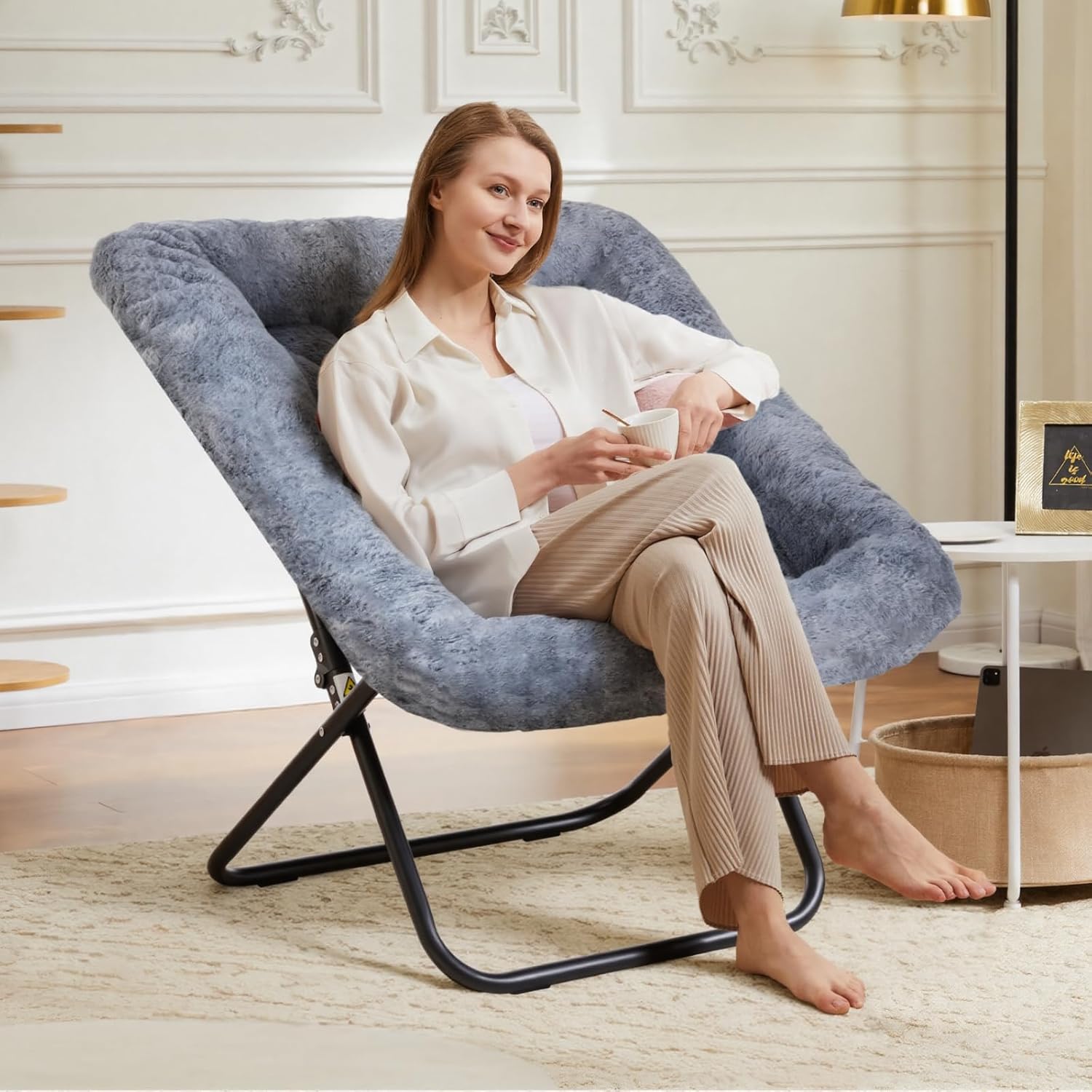 dumos comfy chair for adults, soft faux fur folding lounge for bedroom living room dorm rooms flexible reading chair for teens, large size foldable (square-gray) grey square-30 inches