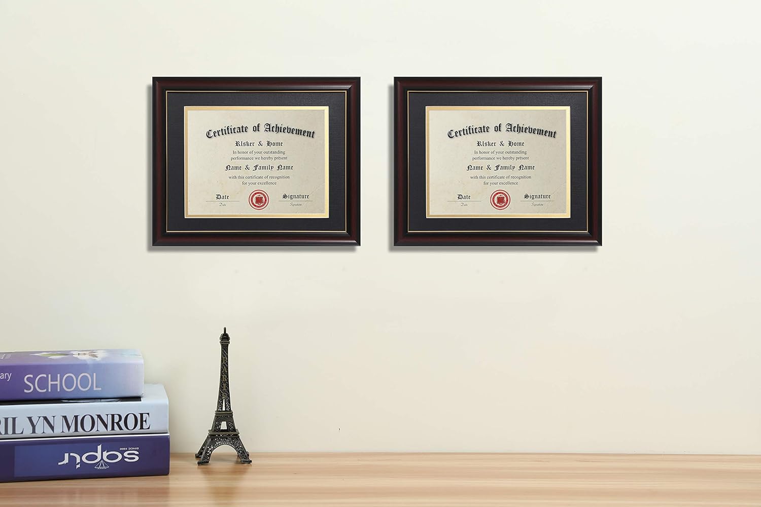 ELSKER&HOME 8.5x11 Diploma Frame - Classic Cherry Wood Color - 2.0 mm Panels - 8.5x11 Inch With Mat -11x14 Inch Without Mat - For Document/Photo (2 Pack, Matte Black with Gold Rim)