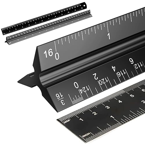 Rena Chris 2 reglas de escala arquitectónica: regla de escala triangular de aluminio imperial de 12 pulgadas, regla de arquitectura grabada con