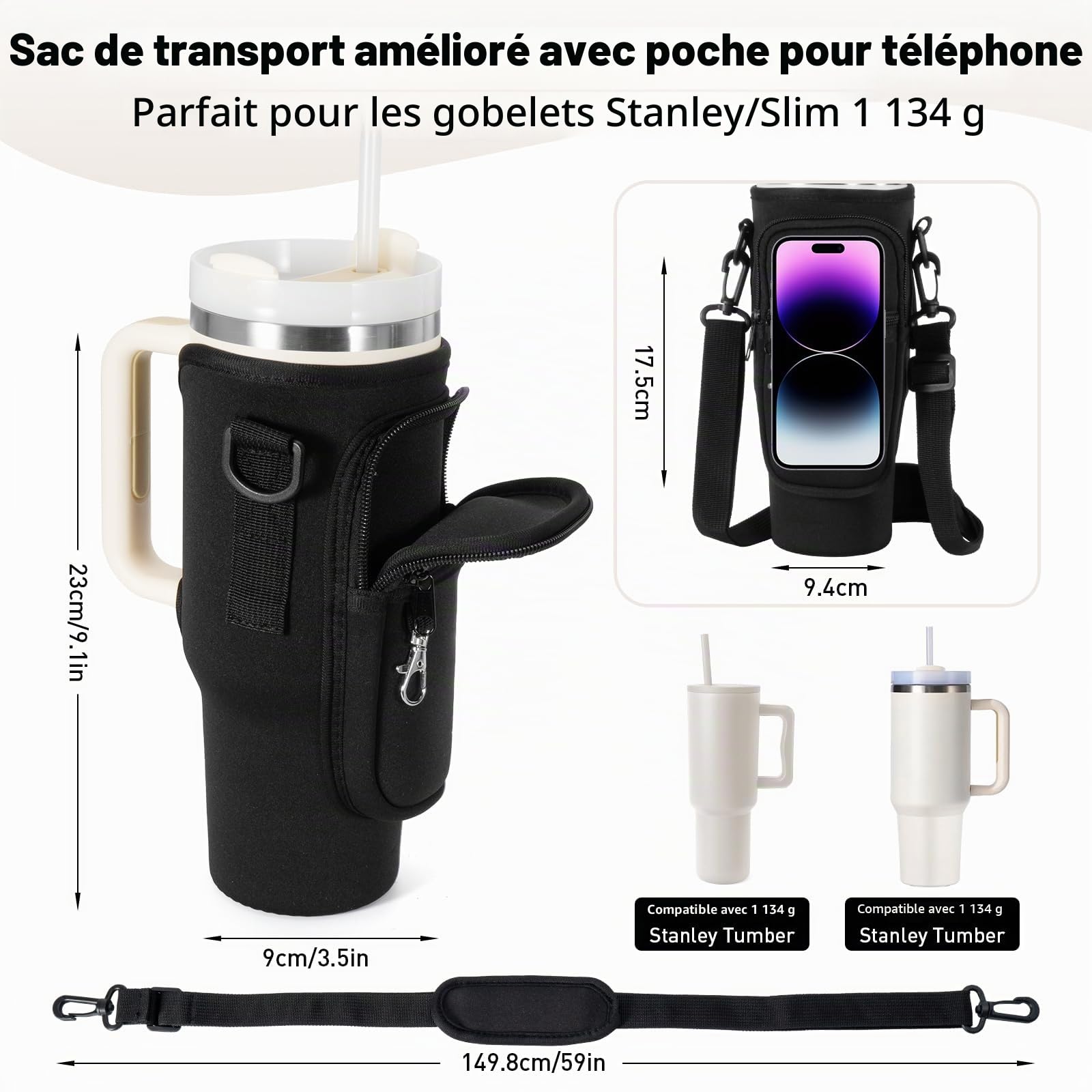 Stanley Cup Sac porte-bouteille d'eau avec sangle, accessoires paille anti-fuite et mousqueton - Noir