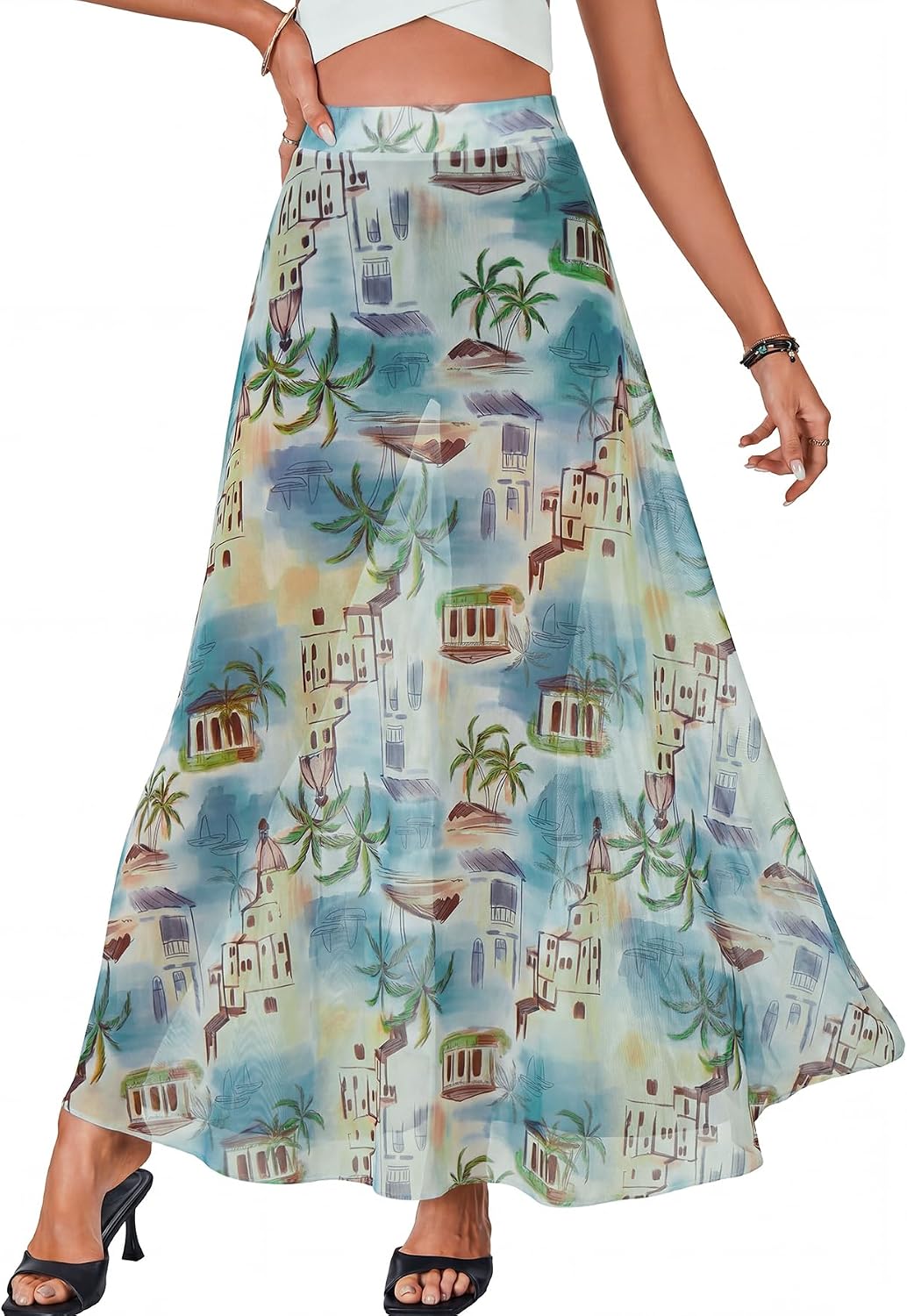 KIFOVEN Women's Sexy Sheer Mesh Maxi Skirt High Waisted A-Line Flowy See Through Long Skirts Clubwear Beach Cover Up