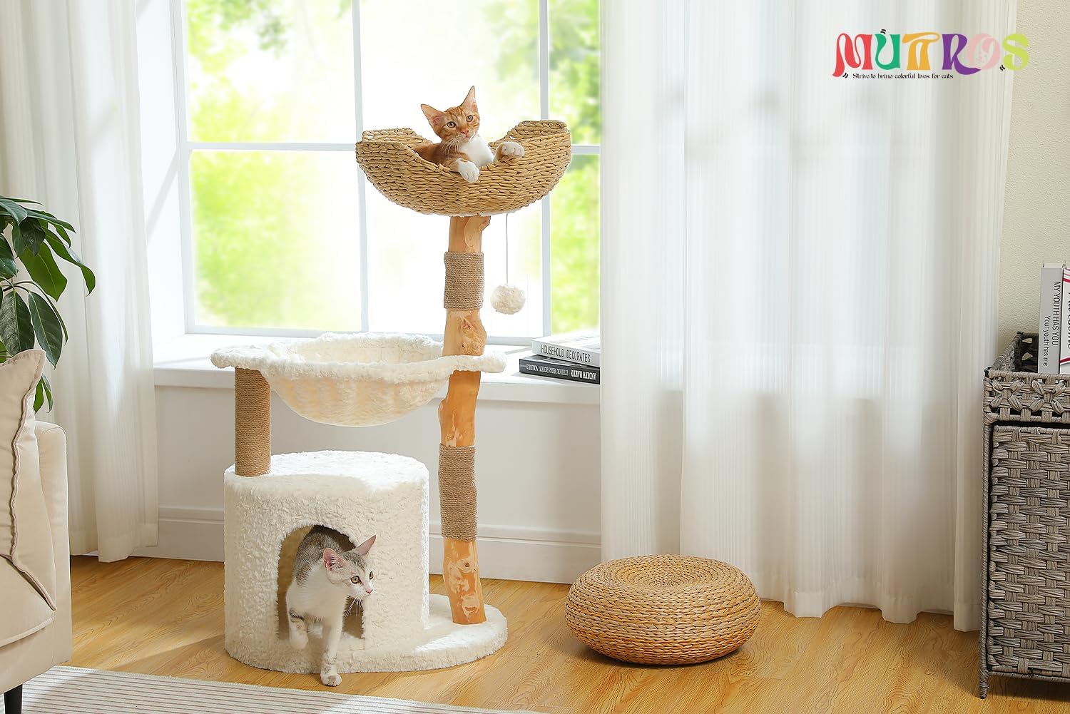 MUTTROS Modern Cat Tree for Large Cats, Wood Cat Tower for Indoor Cats, Real Branch Luxury Cat Furniture with Super Large Cozy Condo and Hammock & Scratching Post, Top Basket, White