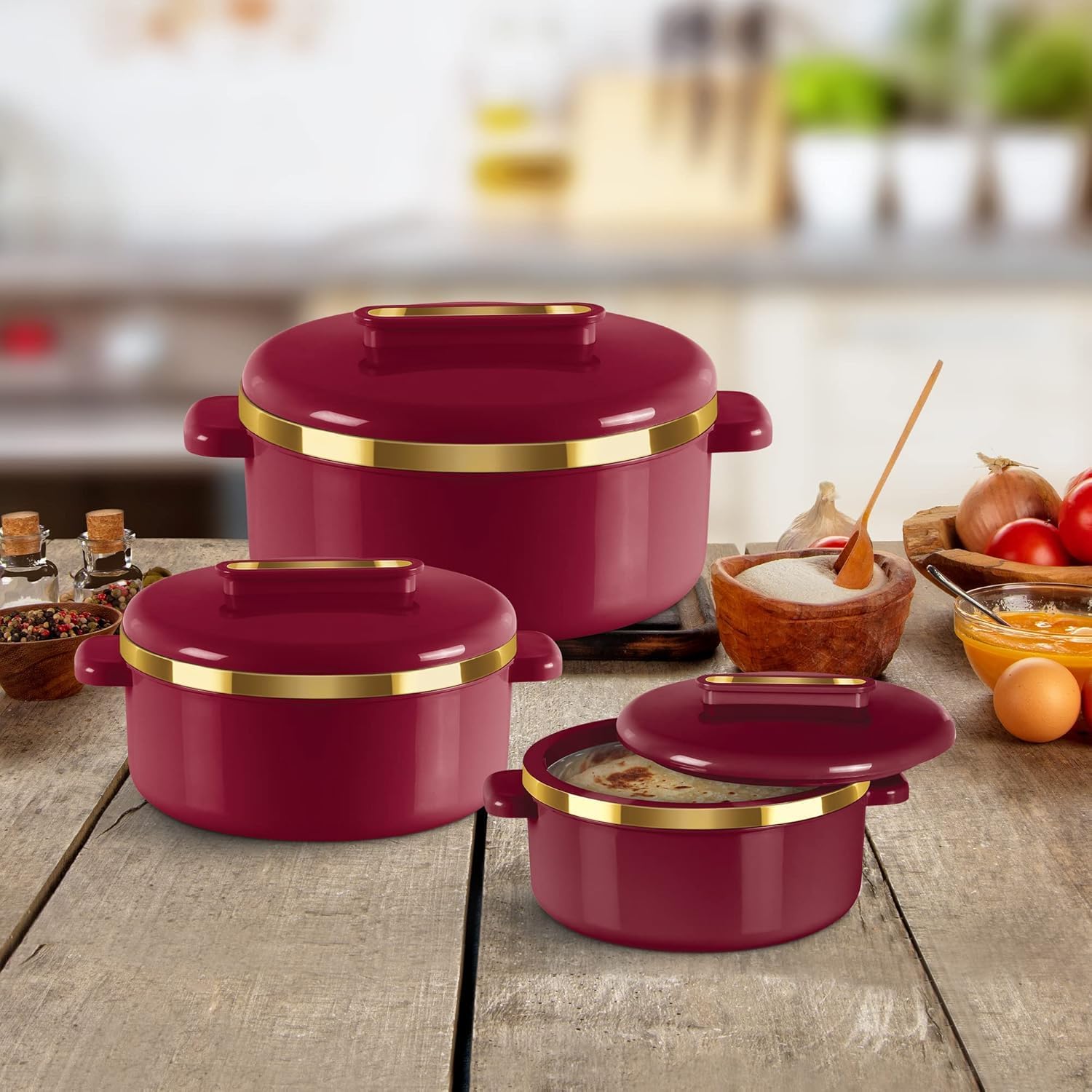 Casserole Set Of 3 Inner Stainless Steel (450 ml, 840 ml, 1300 ml) Easy to Carry | Easy to Store | Chapati | Roti | Curd Maker (Maroon)