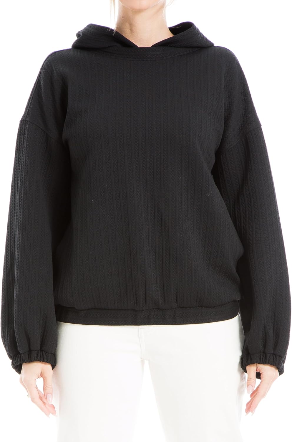 Max Studio Women's Textured Hooded Pullover, Black, X-Large