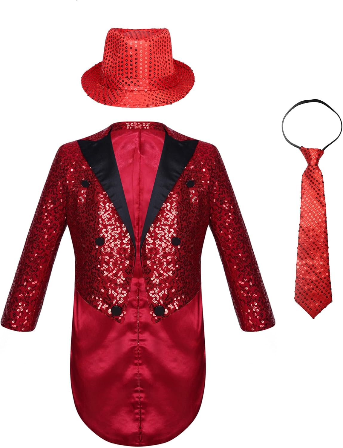 YiZYiF Kids Boy's Tuxedo Jacket Sequin Blazer Tailcoat Swallowtail with Necktie and Hat for Prom Wedding Christmas Party