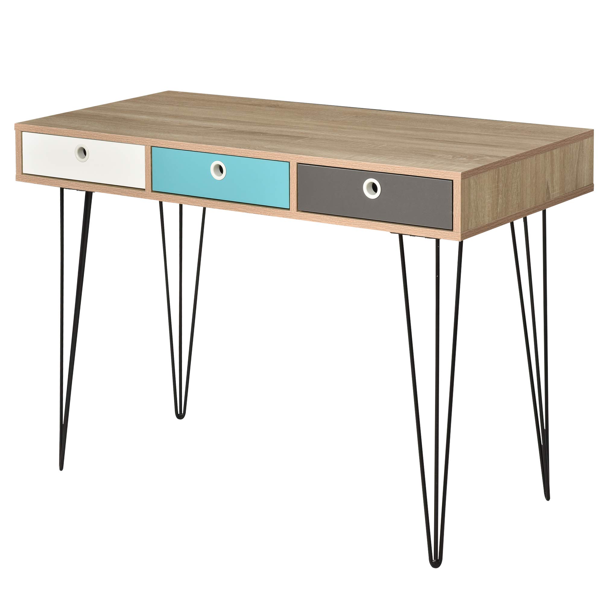 HOMCOM Mesa de Escritorio para Oficina Estudio Mueble para Recibidor Consola con 3 Cajones Gran Espacio Estilo Nórdico 110x50x77,5 cm Roble