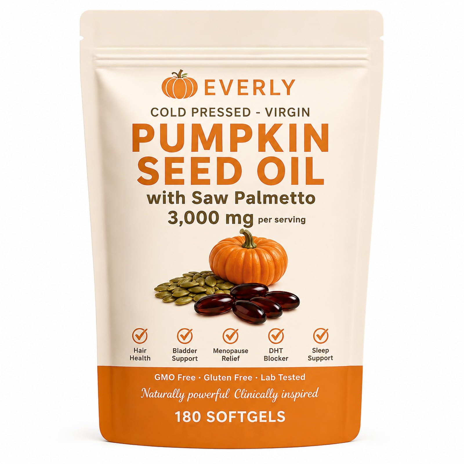 Everly Pumpkin Seed Oil with Saw Palmetto, Cold Pressed Virgin, 180 Softgels, Rich in Essential Fatty Acids, Daily Wellness Supplement, Non-GMO, Gluten Free