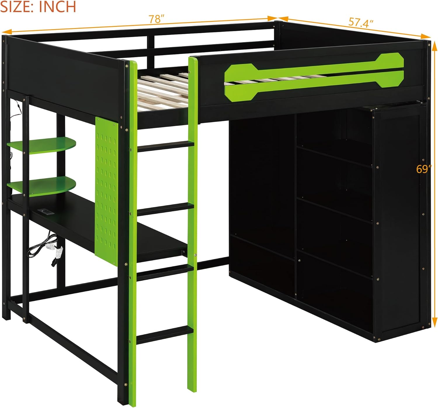 Gaming Loft Bed Full Size with Desk & Wardrobe & Charging Station & RGB Light,Wooden Loft Bed Frame with Storage Shelves,Pegboard,Guardrails and Ladder for Bedroom Study,Space-Saving,Green