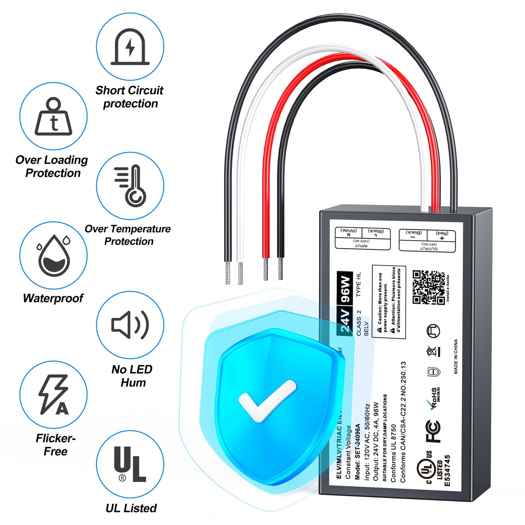 Triac ELV/MLV LED driver dimmerabile da 96 W, trasformatore LED Triac ELV/MLV compatibile con interruttori Lutron e Leviton, alimentatore LED dimmerabile per luci LED interne/esterne, certificato UL e