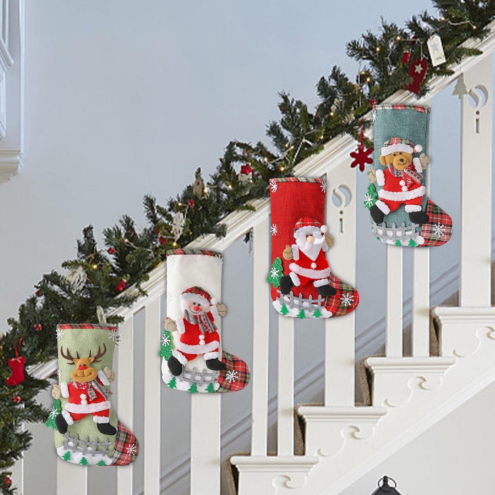 Calze Della Befana Vuote Set Da 4 - Grandi 45cm, In Velluto, Con Decorazioni 3D Pupazzo Di Neve, Babbo Natale E Renna