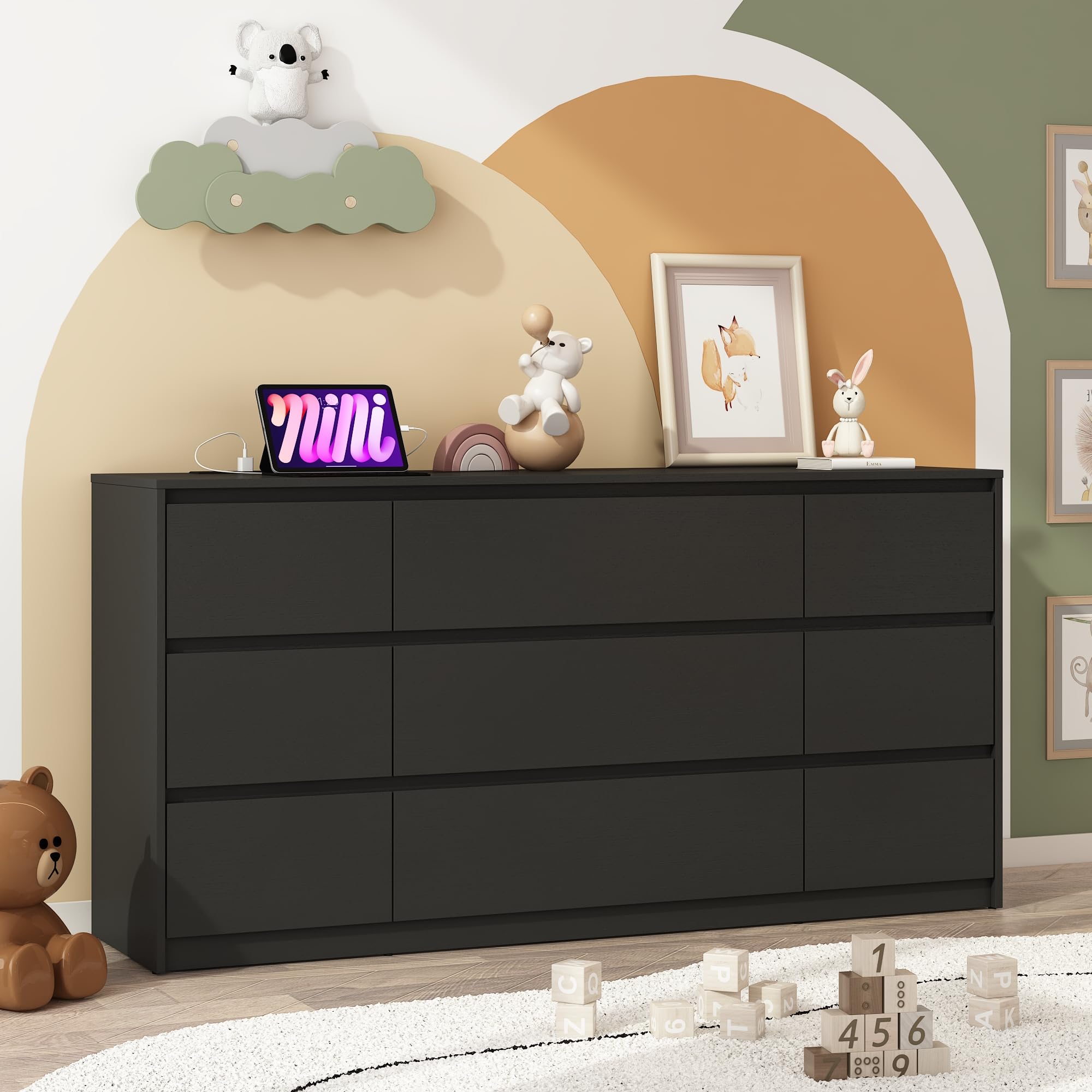 Amazon.com: jiteentarou Black malm Dresser for Bedroom, 63 Inch Long 9  Drawers Dresser with Charging Station, Modern Large Wood Chest of Drawers  Handle Free for Bedroom, Living Room, Entryway, Hallway, Black :