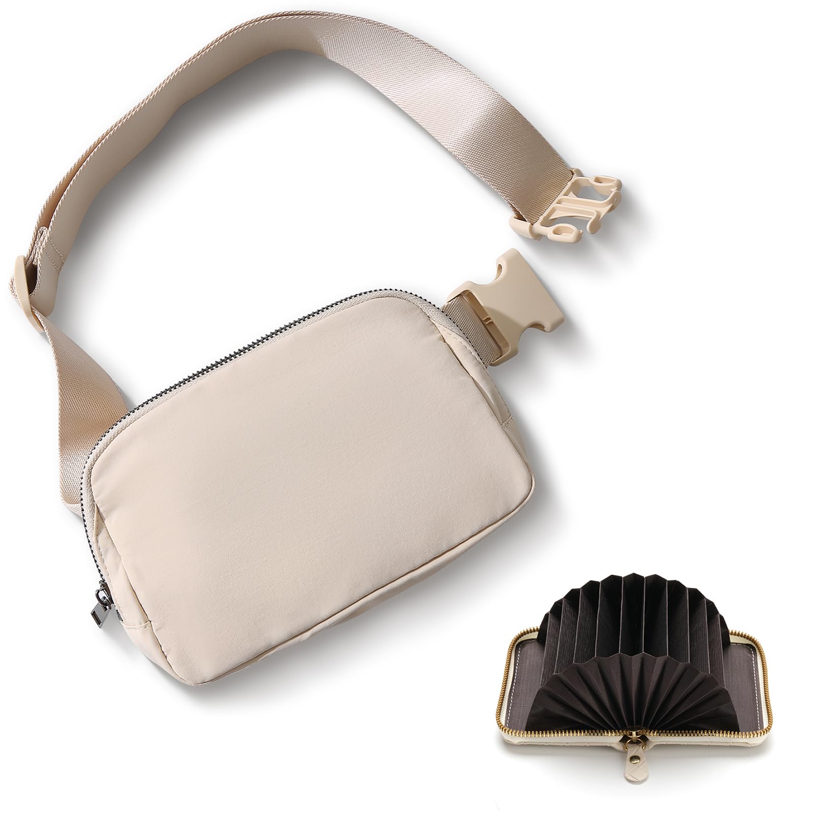 TOBVZOOBelt Bag with Card Wallet for Women Men, Everywhere Fanny Pack Crossbody Bags with Adjustable Strap, Mini Fashion Waist Packs (Beige with Wallet)