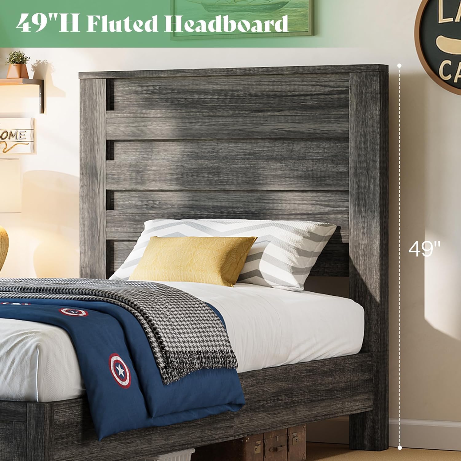 AMERLIFE Farmhouse Twin Platform Bed Frame with 49" Fluted Headboard, Wooden Bed with Natural Grain Finish, Noise-Free, No Box Spring Required, Easy Assembly, Grey