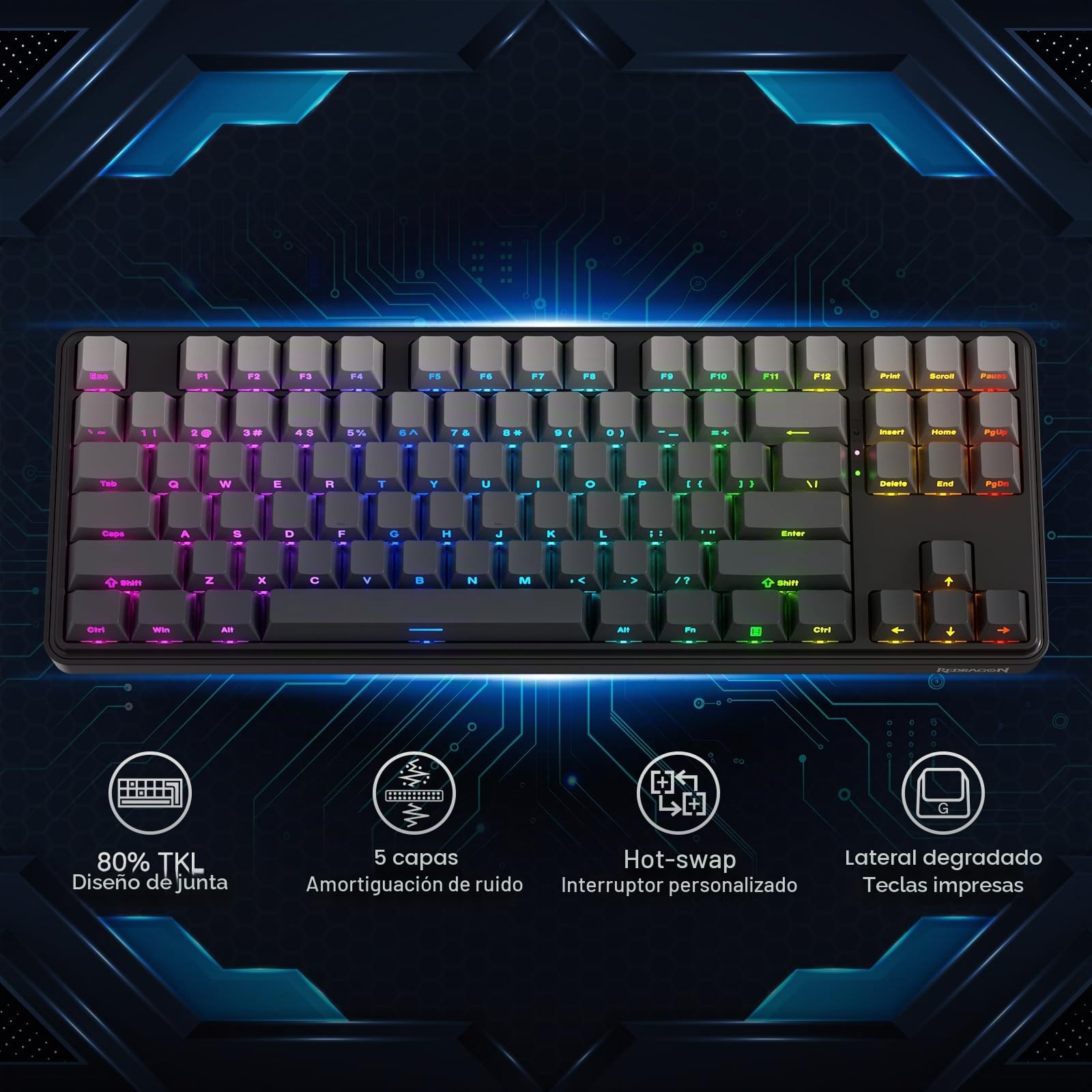 Redragon K707 Pro GB Teclado Gaming RGB Gasket 80% TKL Metal Inalámbrico | 3 Modos Hot Swap LEDs Hacia Abajo Teclas PBT Gradiente 5 Capas Amortiguación Interruptor Lineal US Layout