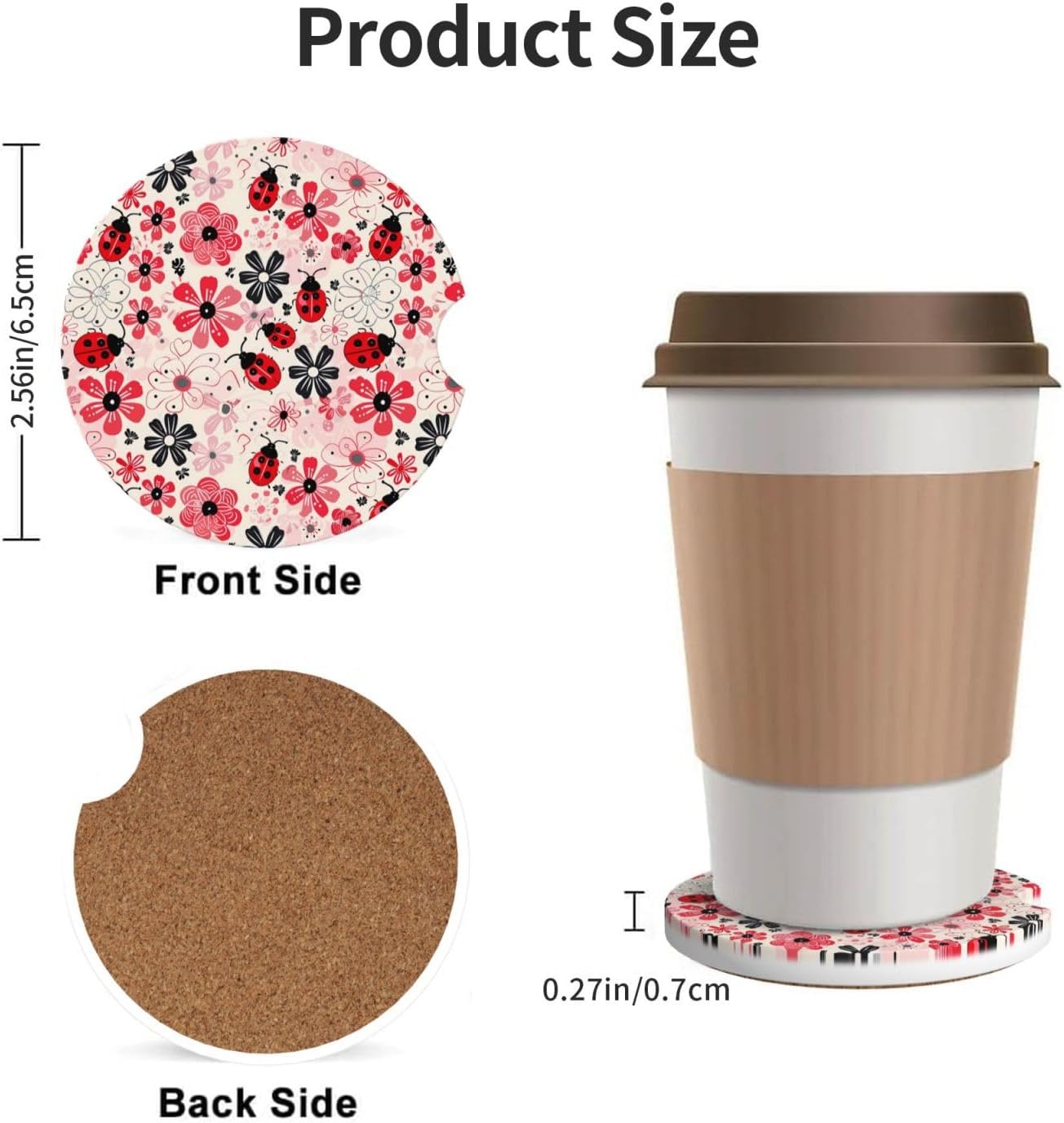 2 Pack Vintage Floral Cute Ladybug Car Cup Holder Coasters, 2.56 Inch Anti Slip Ceramic Absorbent Coaster with Cork Base and Finger Notch Car Accessories Interior for Women Men