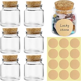 6 Pieces Mini Glass Bottles with Cork 50ml Small Glasses with Lid Label Stickers, Glass with Cork Bell Mini Glass Bottles for Wedding Gifts, Parties, Spices and Jams