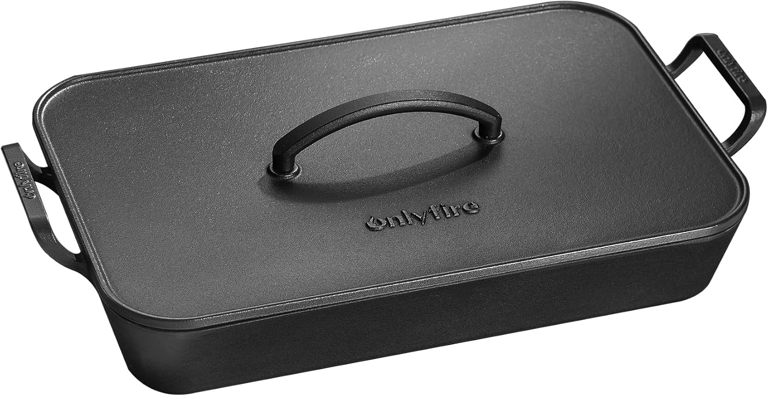 onlyfire Cast Iron Dutch Oven, Pre Seasoned Casserole Dish with Skillet Lid & Handle for Induction, Gas & Oven, Baking Pan Griddle Pot Set for Stewing, Searing & Bread Baking, 16.5"x10.5"x7"
