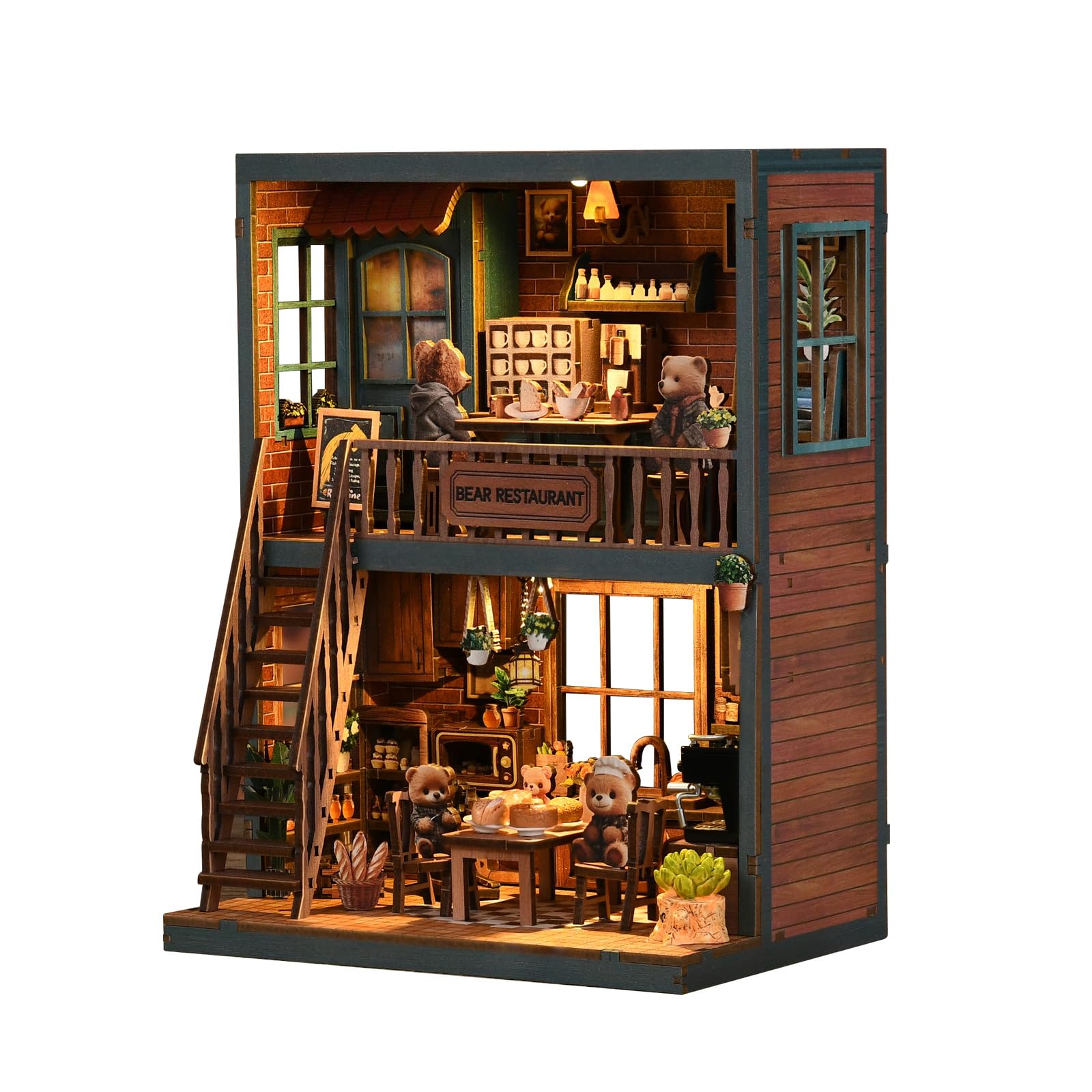 Book Nook Kit, Restaurant Bear Maison Miniature avec Lumière LED, Puzzle 3D en Bois Booknook Bibliothèque, DIY Miniature Maison Poupée, Buchstütze Décoration Créatif Cadeau pour Adultes