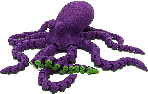 3D Printed Octopus - Customizable, Made to Order Articulated Animal Model (Small, Purple with Lime Green Tentacles)