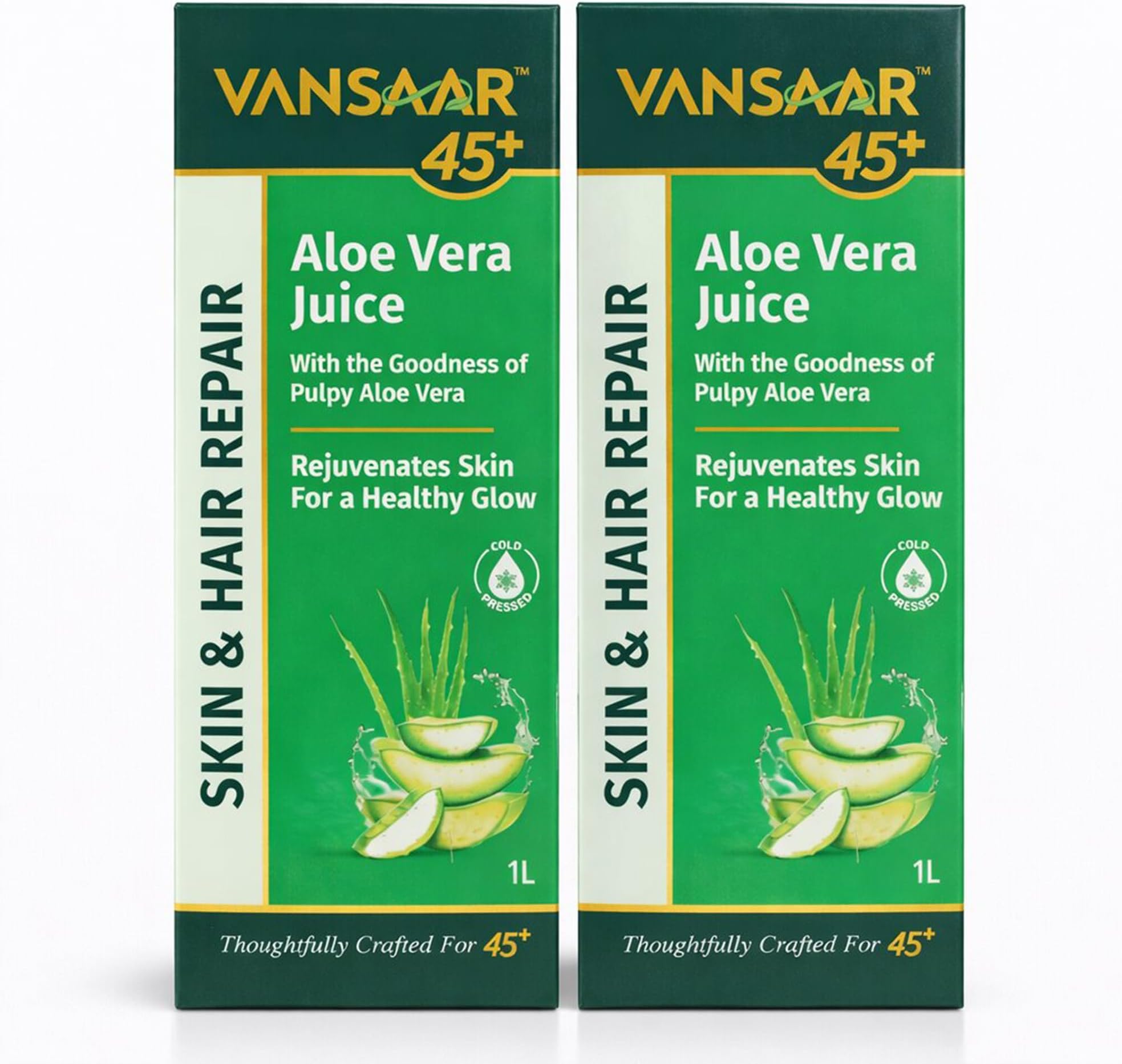 Vansaar Aloe Vera Juice | For Glowing Skin & Healthy Hair | 100% Natural, Cold Pressed with Pulp - 1L (Pack Of 2)