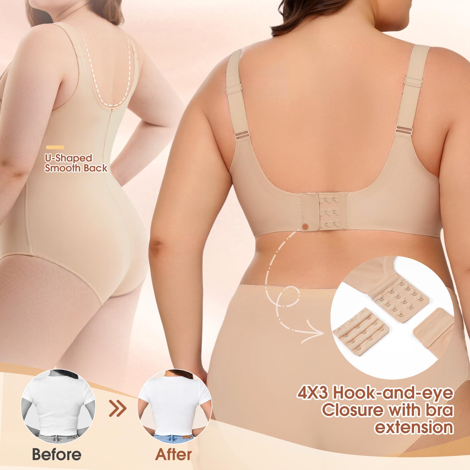 XJBTBA Biustonosze damskie Plus Size Biustonosz push-up bez fiszbin Pełne pokrycie Staniki podtrzymujące Wygodny bezprzewodowy biustonosz bez szwu Biustonosz damski na co dzień z wyjmowaną wyściółką