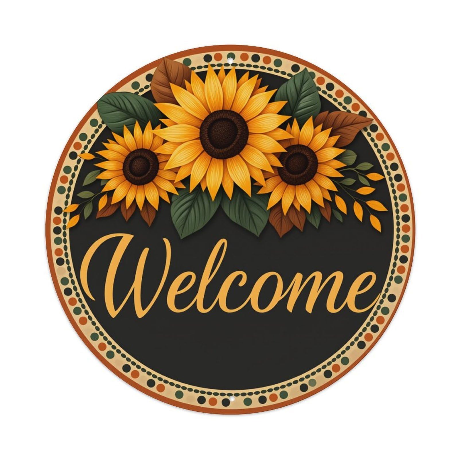 Sunflower Floral Welcome Sign Pattern Vintage Metal Tin Sign Retro Wall Decor for Home Bar Garage Cafe, Indoor & Outdoor Decorative，circle Metal Poster, 8x8 Inch